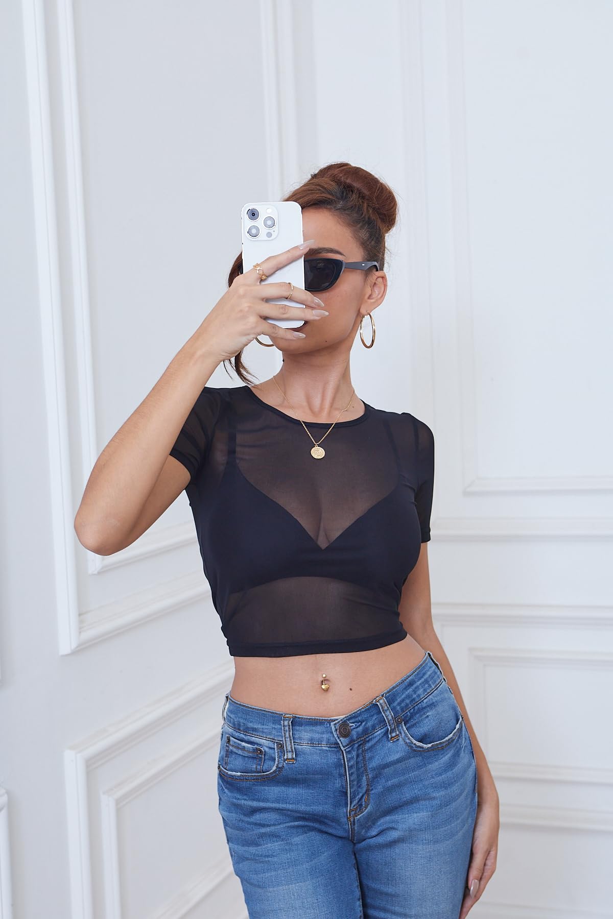 VintageClothing Womens Sheer Mesh Crop Top Sexy See Through Short Sleeve Blouse Fitted Top Club Party Night Out Festival Wear - Image 5