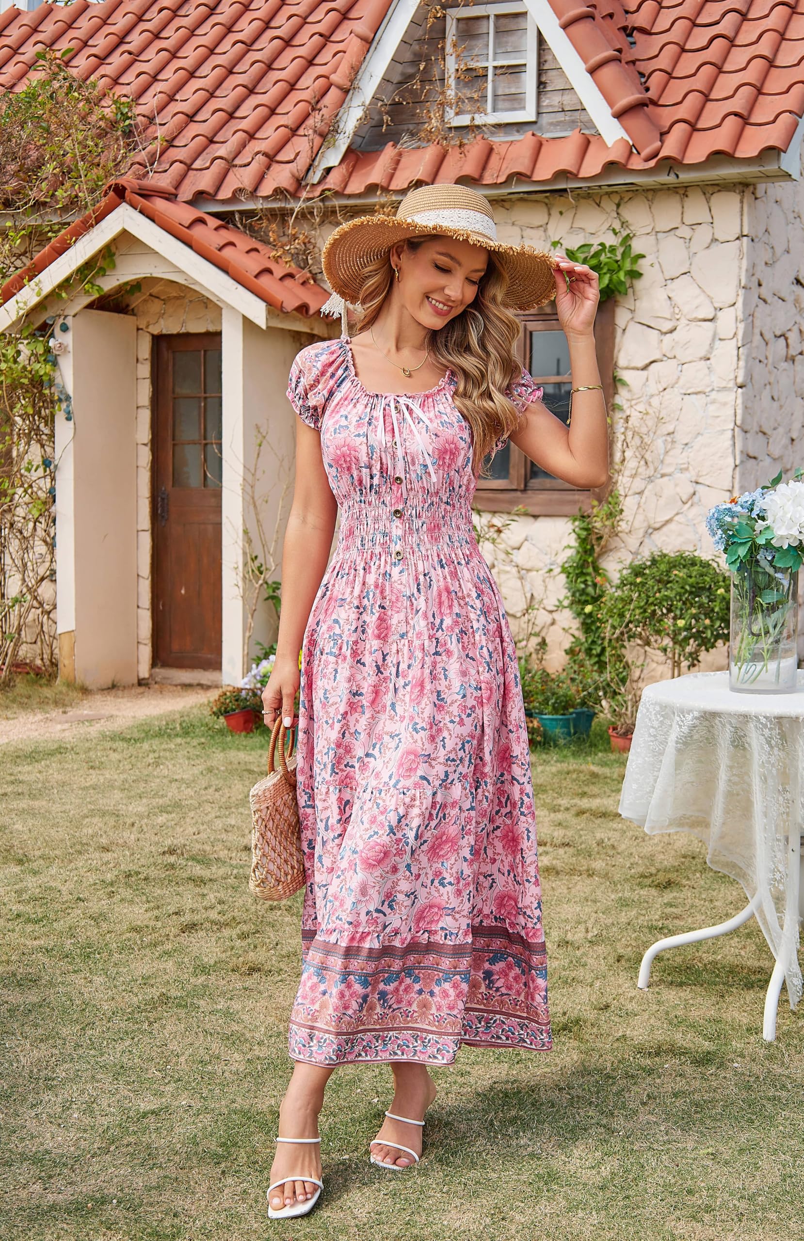 Womens Boho Floral Maxi Dress Round Neck Ruffle Sleeve Casual Summer Dresses Loose Flowy Bohemian Sundress for Beach Vacation - Image 3